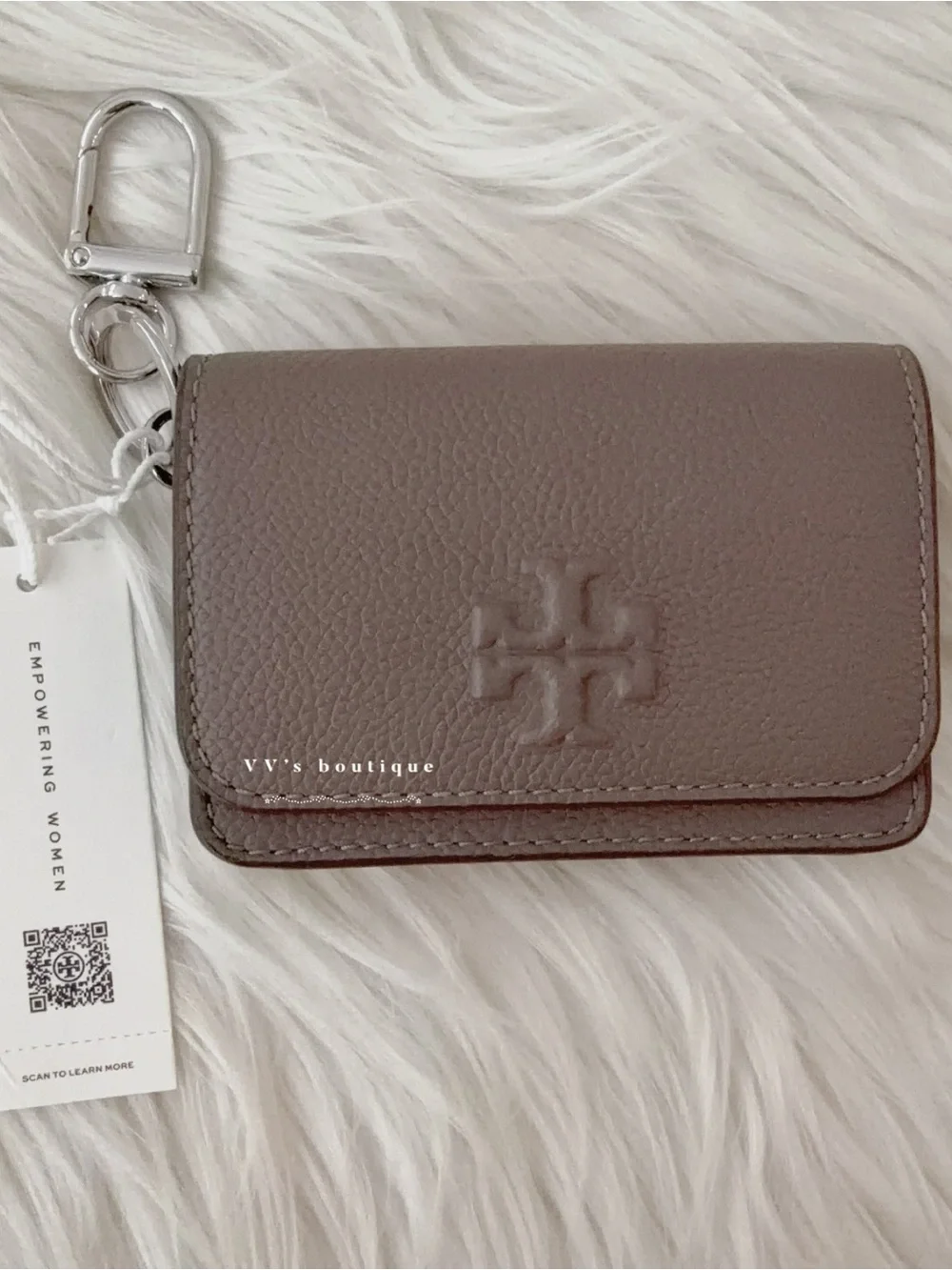NWT Tory Burch Thea Flap ID Card Case Wallet Wild Mushroom Grey Taupe 169969